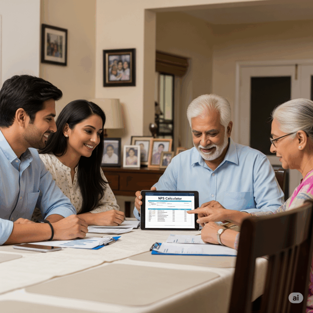 Image of a family looking at their savings and are glad the amount they saved.