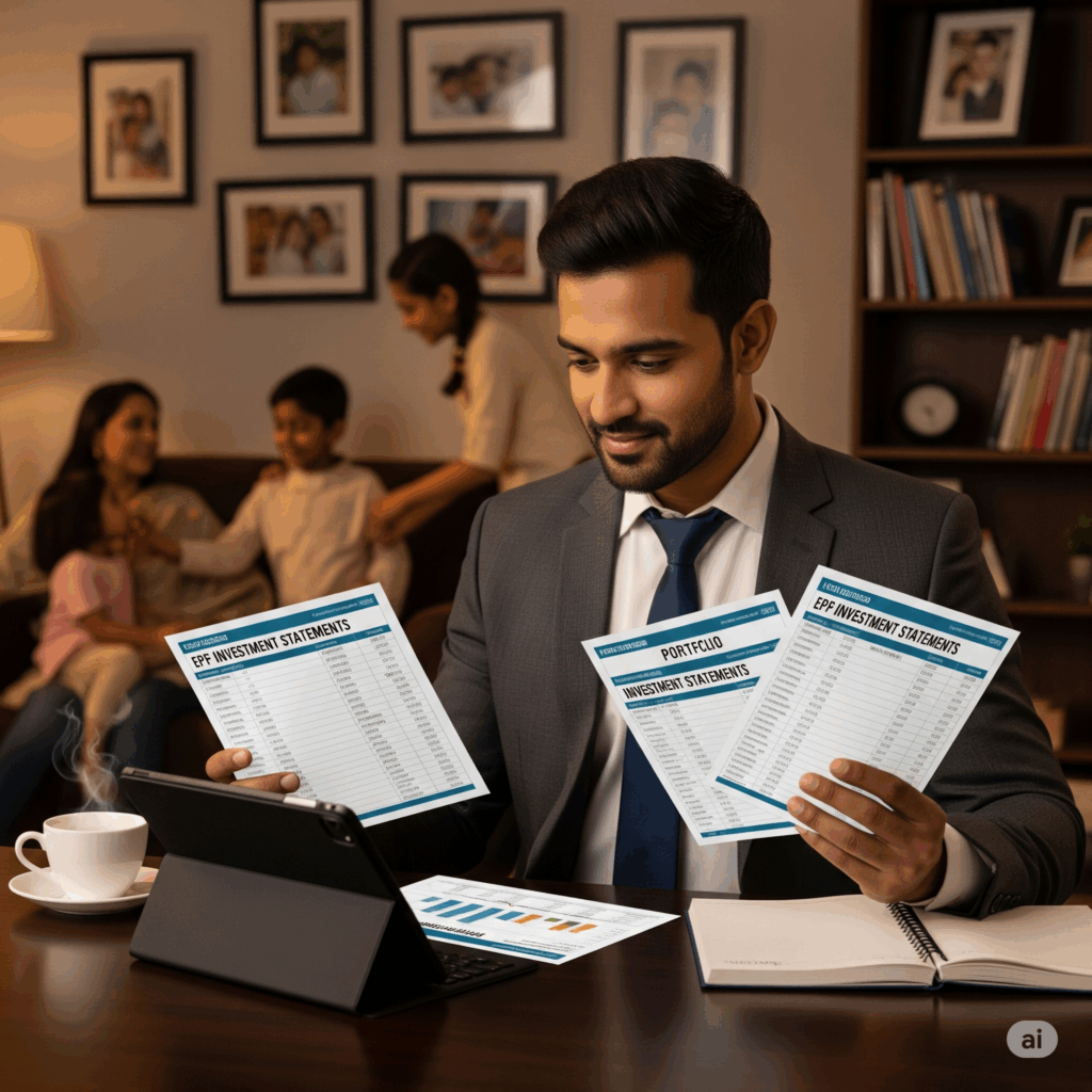 Image of a young Indian in age 30 to 40 plannning to save for retirement.