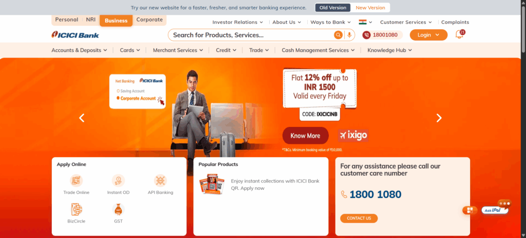 Best Business Bank Accounts for Freelancers in India 2025 3 ICICI Insta Biz Account - Home page